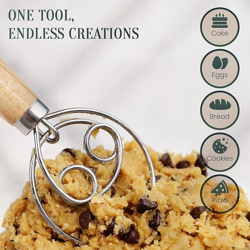 13-Inch Danish Dough Whisk, Wooden Handle with Stainless Steel Double Loop Dough Hook, Dough Whisk for Sourdough, Pizza, Cake Batter