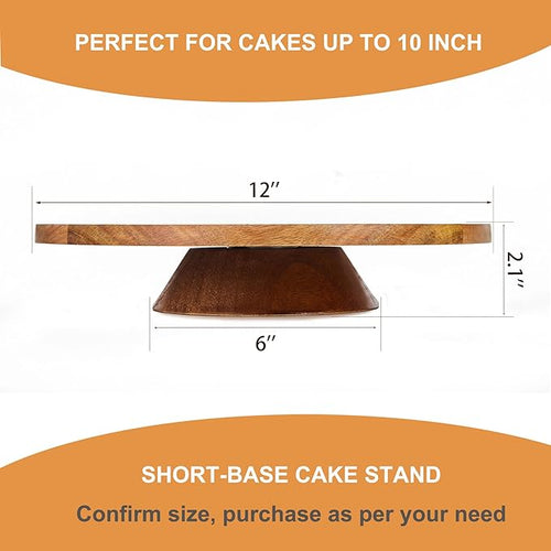 12" Acacia Wood Revolving Cake Stand, 2" High Rotating Cake Turntable, Wooden Rotating Display Stand for Cake, Cupcake Decorating Supplies