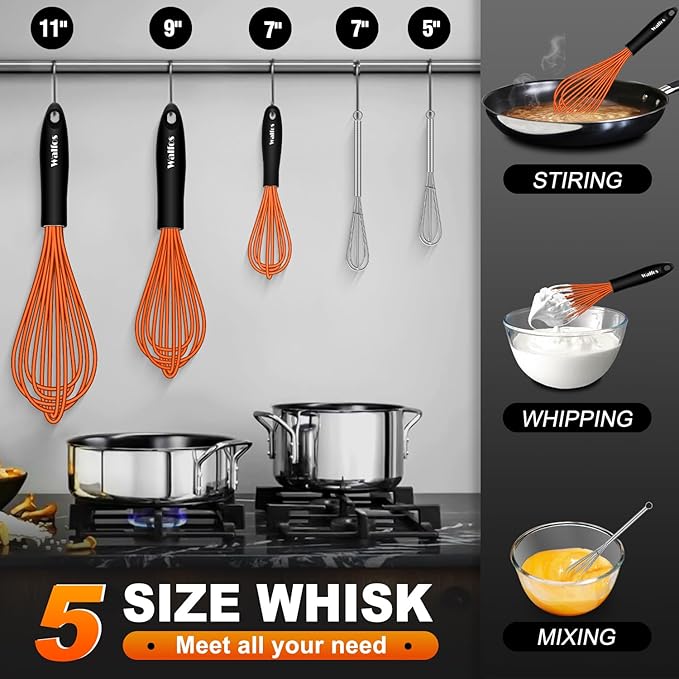 Walfos Whisk, Silicone Whisks Set of 5, Mini Stainless Steel Whisk 7+5in and Non Scratch Coated 7+9+11in Whisks, Suitable for Blending, Whisking, Beating, Frothing & Stirring. (Orange)