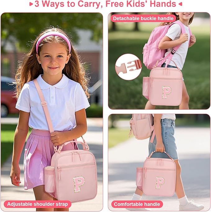 Initial Insulated Lunch Bag for Girls Kids, Back to School Gift, Reusable Leak-proof Lunch Box with Adjustable Strap for School Daycare Travel Picnic (Pink,P)