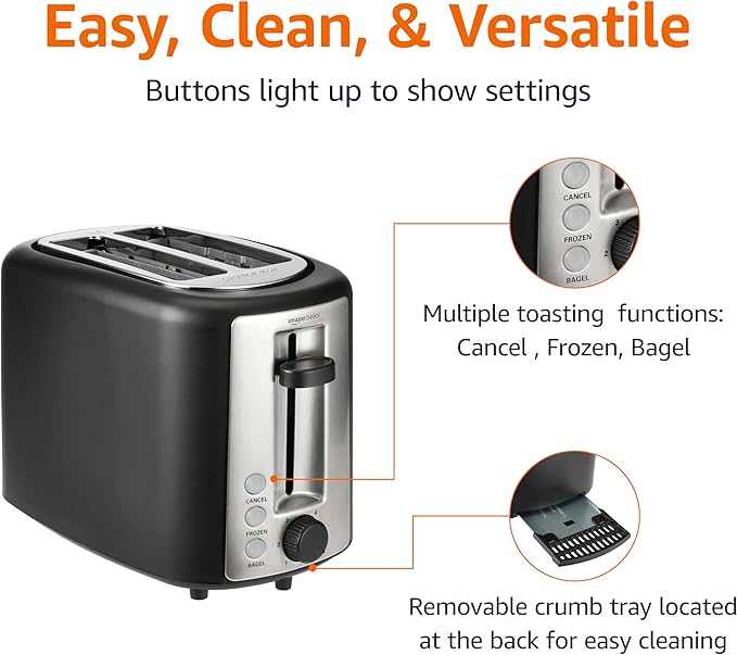 Amazon Basics 2 Slice Toaster, With 6 Browning Settings, Extra Wide Slots For Bagels and Special Breads, Removable Easy-to-Clean Crumb Tray, Cancel/Defrost/Bagel Buttons, 900W, Black & Silver