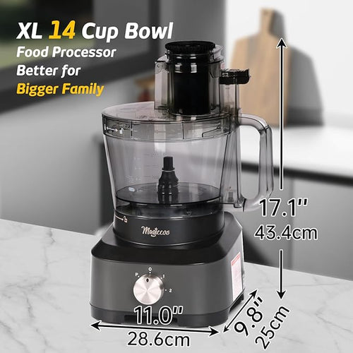 14-Cup French-Fry-Cutter Large Food-Processor - Large Feed Chute, Grey Color, Cheese Shredding, Meat Chopping, Shredding and Slicing, Mixing and Doughing, for Home Use
