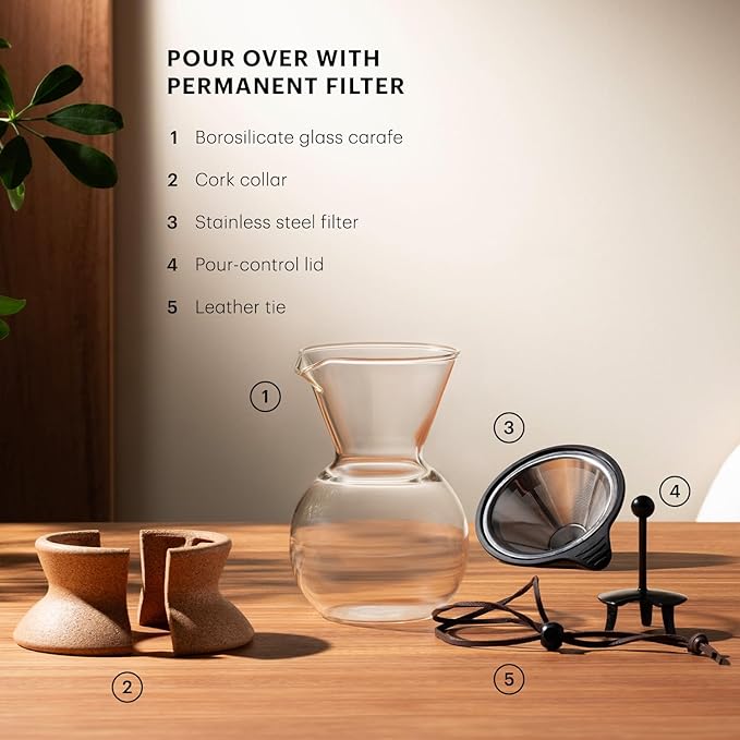 Bodum 34oz Pour Over Coffee Maker, High-Heat Borosilicate Glass with Reusable Stainless Steel Filter and Cork Grip - Made in Portugal