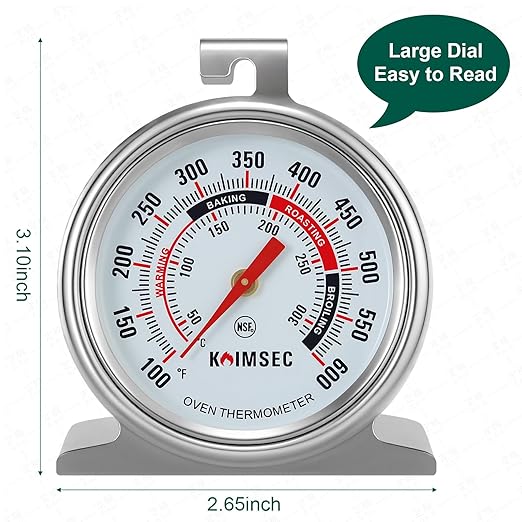 Oven Thermometer for Temperature Gauge, Safe for Inside Gas/Electric/Grill Smoker, Analog Dial Stainless Steel Oven Thermometers with Large Hanger & Base for Instant Reading in Cooking Baking