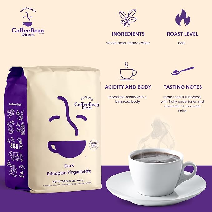 Coffee Bean Direct Dark Ethiopian Yirgacheffe, Whole Bean Coffee, Dark Roast, 5 Pound Bag (Pack of 1)