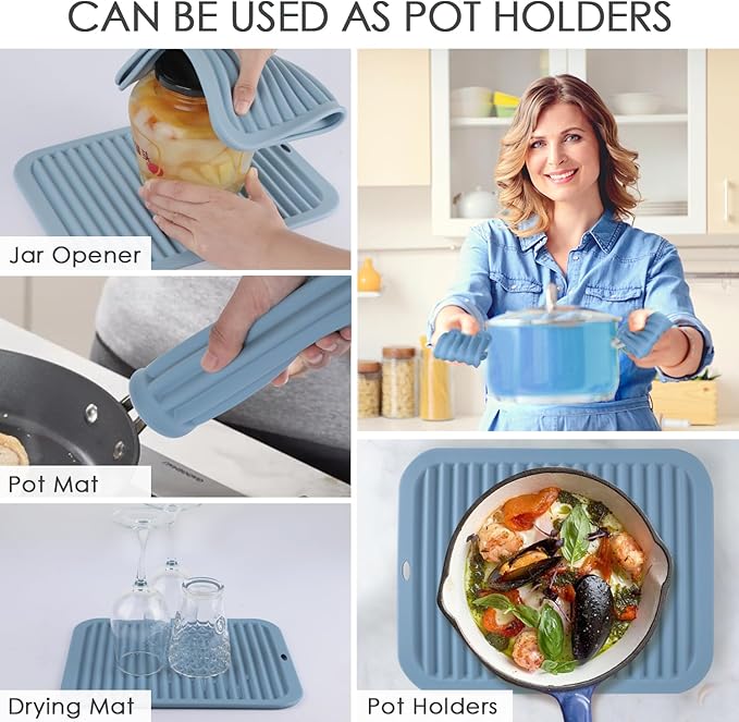 Large Silicone Trivet for Hot Dishes, 4PCS Hot Pads Trivets Mats for Hot Pots and Pans, Heat Resistant Silicone Hot Pot Holders, Blue Tables Mat for Countertop, Jar Opener, Drying Mat