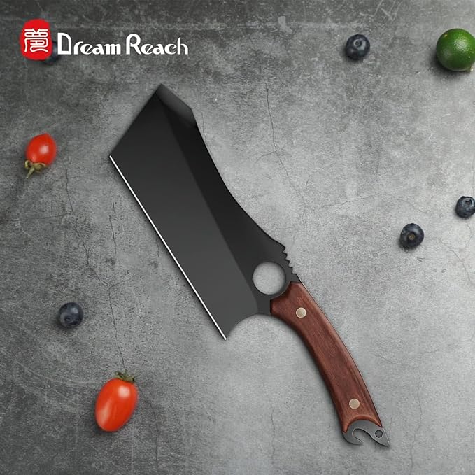 Dream Reach Meat Cleaver, 6.9 inch Black Boning Knife, High Carbon Steel Sharp Kitchen Forged In Fire Knife with Sheath Gift Box Bottle Opener for Outdoor Camping