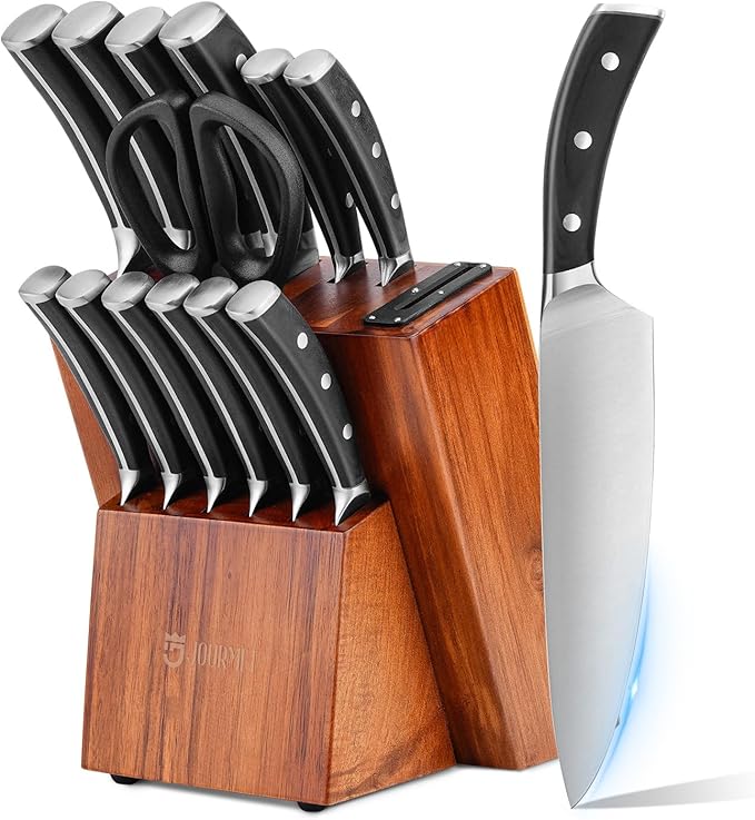Knife Set, Jourmet 15-Piece Kitchen Knife Set with Block and Sharpener, High Carbon Stainless Steel Sharp Knives, Anti-slip Ergonomic Handle, Black Knife Block Set
