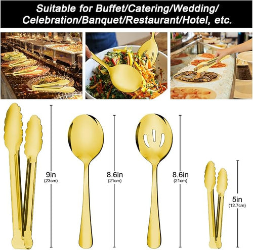 12PCS Gold Stainless Steel Serving Utensils Sets - Large Serving Spoons,Slotted Spoons,Serving Tongs,Appetizer Tongs,Utensills Sets for Buffet Catering Banquet Party (Gold)
