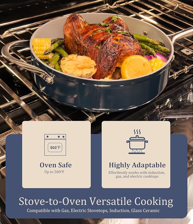 Nonstick Ceramic Sauté Pan w/Lid (4.5 qt, 11") Deep Frying Pan for All Cooktops Non Toxic Skillet PTFE/PFOA/PFAS Free, Even Heat Distribution Stainless Steel Stay-Cool Handle, Navy Blue