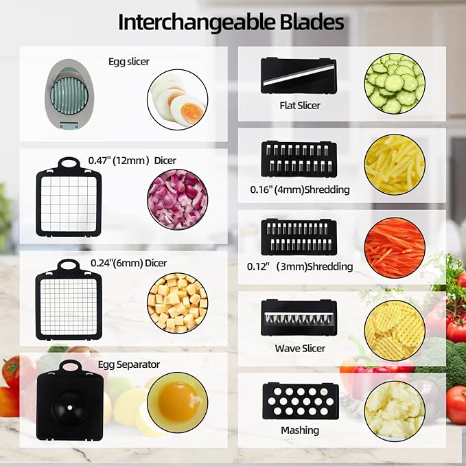 18 In 1 Vegetable Chopper, Vegetable Dice, Veggie Chopper with Container, Mandoline Slicer & Cheese Grater,Onion Potato Salad Food Chopper,Includes a free egg Slicer & onion holder for slicing
