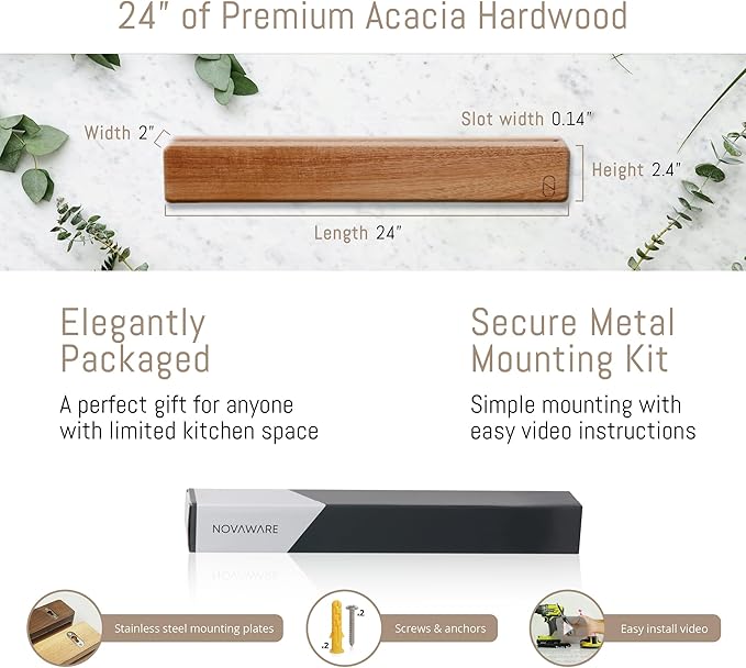 Premium 24 inch Magnetic Knife Holder for Wall with 2x Storage & Charming Wood - Knife Magnetic Strip, Under Cabinet Magnet Knives Storage - Magnet Strip Rack Kitchen Utensil Holder Organizer Tool