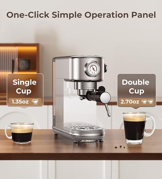 Espresso Machine with Milk Frother, 20 Bar High Pressure Professional Espresso Maker Automatic, Compact Stainless Steel Coffee Machine for Cappuccino, Latte, Gift for Coffee Lover, Dad or Mom, Silver