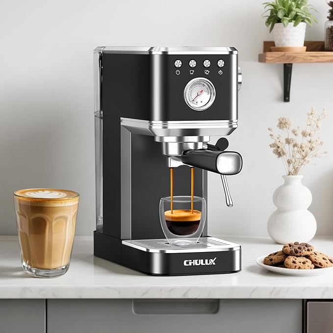CHULUX Slim Espresso Machine with Milk Frother Steam Wand, 20 Bar Professional Italian Pump Espresso Coffee Machine for Home Cappuccino & Latte Maker, Stainless Steel Black