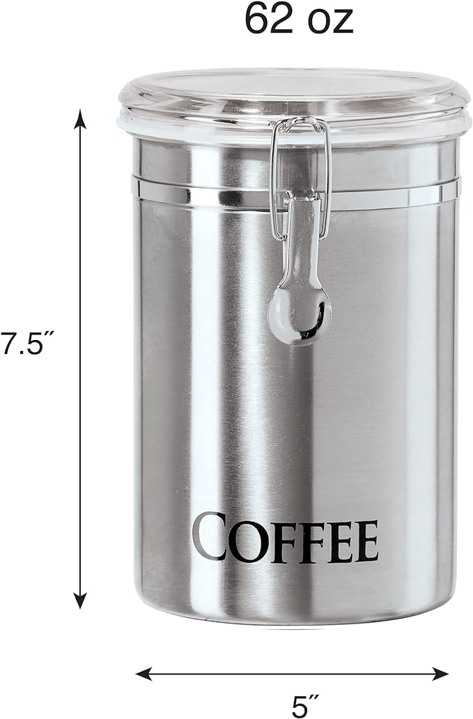 OGGI Stainless Steel Canister 62oz - Airtight Clamp Lid, Clear See-Thru Top. Large Size 5" x 7.5" & Jumbo 8" Stainless Steel Flour Clamp Canister - Airtight Food Storage Container Ideal, Dry Foods