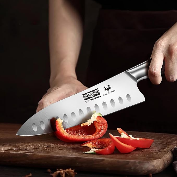 HOSHANHO Santoku Knife 7 Inch, Professional High Carbon Stainless Steel Kitchen Knife, Super Sharp Cooking Knife with Ergonomic Wood Handle