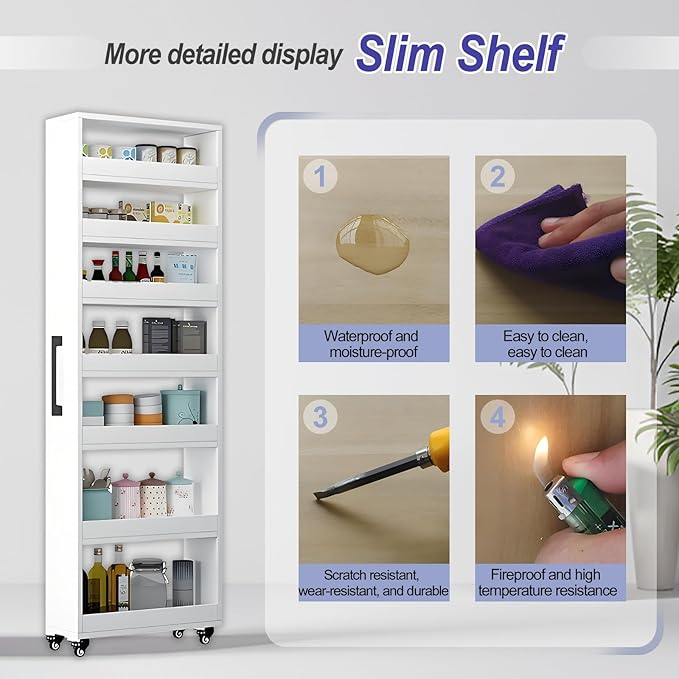 7-Tier Slim Storage Cart, Wooden Rolling Pantry Cabinet with Wheels, Narrow Shelf Organizer for Kitchen, Bakers Rack, Dining Room, Closet, Small Spaces Dark Walnut 47.2" H*7.8" W*16.9" D