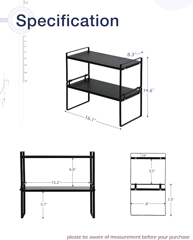 Nxconsu 2Pack Cabinet Shelves Stackable Shelf Organizer Rack Riser for Kitchen Cabinet Pantry Cupboard Counter Countertop Home Organization Storage Space Saver Heavy Duty Metal Nonslip Black