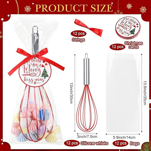 12 Sets 12 Inch Christmas Whisks Gifts DIY Fillable Christmas Tree Ornaments Xmas Colored Silicone Whisks for Cooking Heat Resistant Egg Beaters with Card Rope Bag for Candy Holder