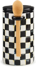 MACKENZIE-CHILDS Set of 1 Farmhouse Canister, Lidded Kitchen Canister with Spoon, Black-and-White Courtly Check