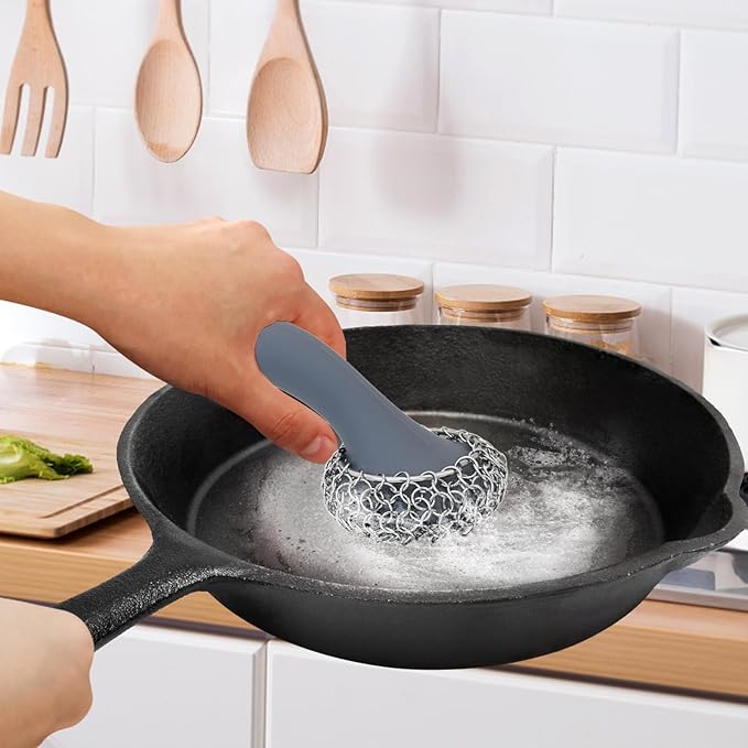 Cast Iron Scrubber with Long Handle | 316 Cast Iron Cleaner Chainmail Scrubber for Pan Skillet Cleaner - Dish Scouring Pad Dishwasher Safe Cleaning Kit (Grey, 1 Scrubber + 1 Scraper)