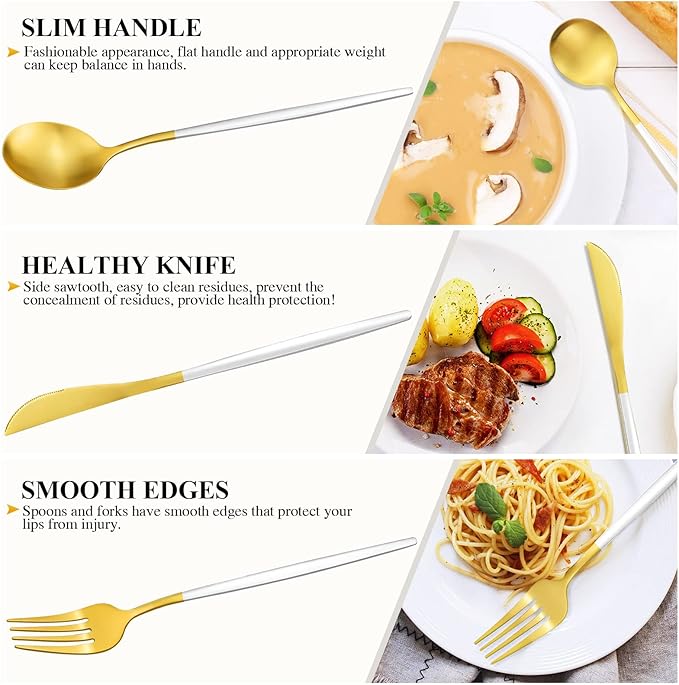 White And Gold Silverware Set for 8, 40-Pieces Matte Gold And White Handle Flatware Set, Stainless Steel Cutlery Tableware set, Kitchen utensils set Include Spoons And Forks Set, Dishwasher Safe
