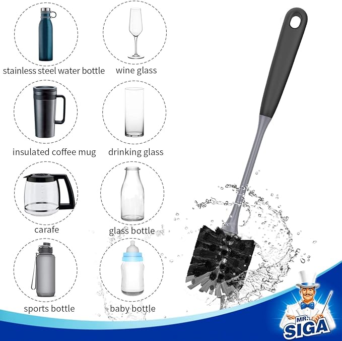 MR.SIGA Long Handle Bottle Brush, Flexible Scrub Brush for Water Bottles, Glasswares, Mugs, Black, 2 Pack