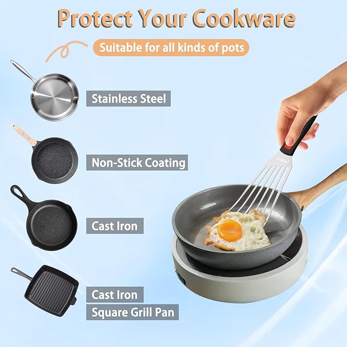 Fish Spatula Stainless Steel, Flexible Metal Spatulas with Silicone Handle, Slotted Turner for Kitchen, Cooking, Grilling, Flipping, Turning, Egg, Pancake and Burger (Large, 12.2 Inch)