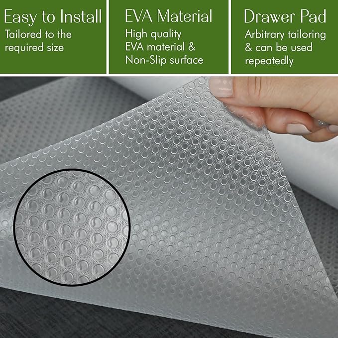 EVALAND 17.7" x 33 FT Non-Slip Shelf Liner, Non-Adhesive, BPA-Free, Waterproof Pantry Liner for Shelves, Easy to Cut, Oil-Proof Shelf Liners for Kitchen, Cabinets, Drawers, Refrigerator, Clear