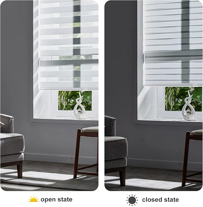Persilux Cordless Zebra Blinds for Windows Free-Stop Roller Windows Shades (46" W X 72" H, White) Dual Layer Light Control for Day and Night, Light Filtering Sheer Shades for Home, Easy to Install