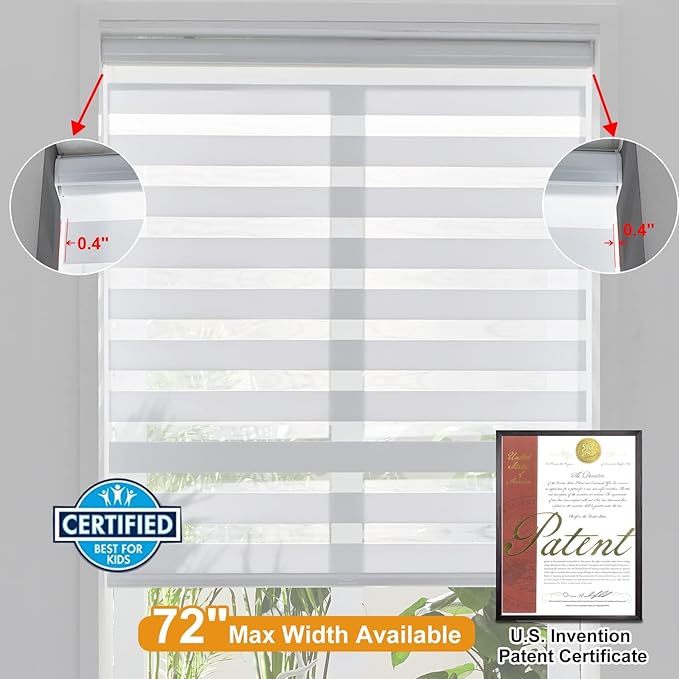 Persilux Zebra Blinds for Windows, Cordless Roller Blinds (50" W x 72" H, White) Light Filtering Sheer Window Treatments, Light Control for Day and Night, Room Darkening Roller Shades for Windows