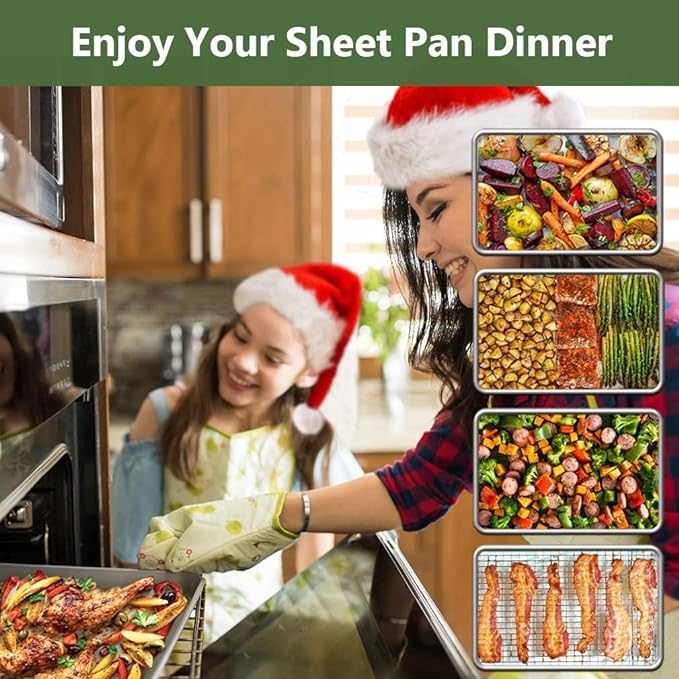 ROTTAY Baking Sheet with Rack Set (2 Pans + 2 Racks), Stainless Steel Cookie Sheet with Cooling Rack, Nonstick Baking Pan, Warp Resistant & Heavy Duty & Rust Free, Size 16 x 12 x 1 Inches