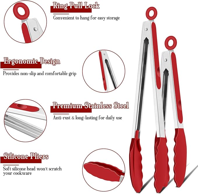 TeamFar Kitchen Tongs, 9" and 12" Stainless Steel Cooking Tongs with Silicone Tips for Cooking Grilling Serving & BBQ, Heat Resistant Silicone Tongs, Locking Design & Dishwasher Safe, Set of 2 & Red