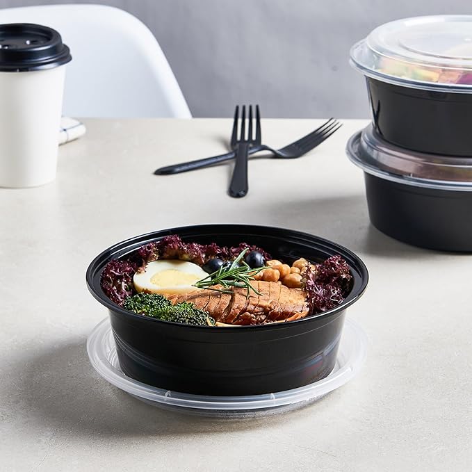 FULING 32 oz 50 ct Round Meal Prep Containers with Lids Plastic Food Storage Lunch Plan To Go Box Disposable Take Out Bowls Black BPA Free Reusable Durable Stackable Microwave Freezer Dishwasher Safe