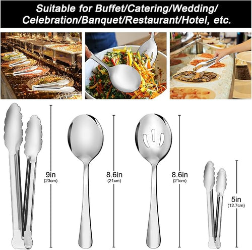 12PCS Stainless Steel Serving Utensils Sets - Large Serving Spoons,Slotted Spoons,Serving Tongs,Appetizer Tongs,Utensills Sets for Buffet Catering Banquet Party (Silver)