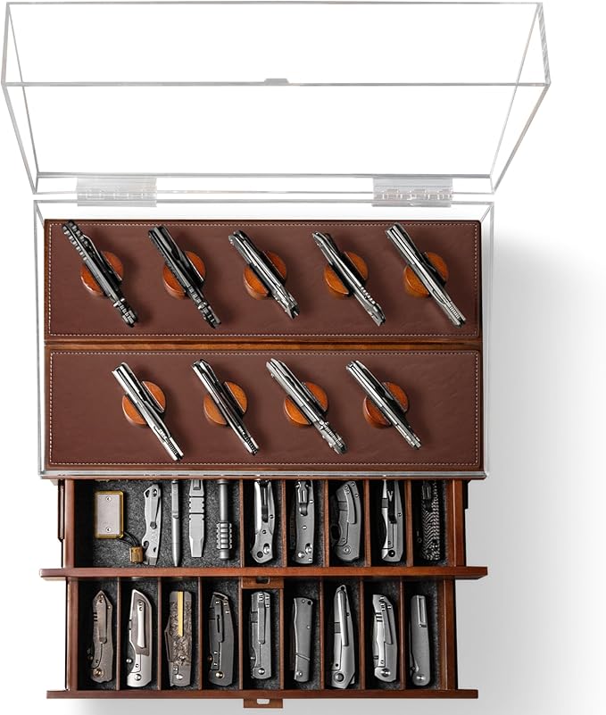 Premium Pocket Knife Display Case for 50 Knives - Extra Large Wooden Knife Organizer, Storage & Holder with Unique Pillars, 2 Drawers - Knife Collection Box - Handcrafted for Men