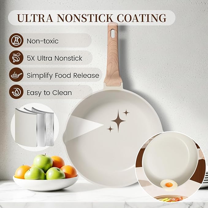 Kikcoin 16Pcs Pots and Pans Set Nonstick Ceramic Cookware Sets Induction Kitchen Cooking Set Non toxic Healthy Non Stick w/Grill Pan,Saute Pan, Ceramic White