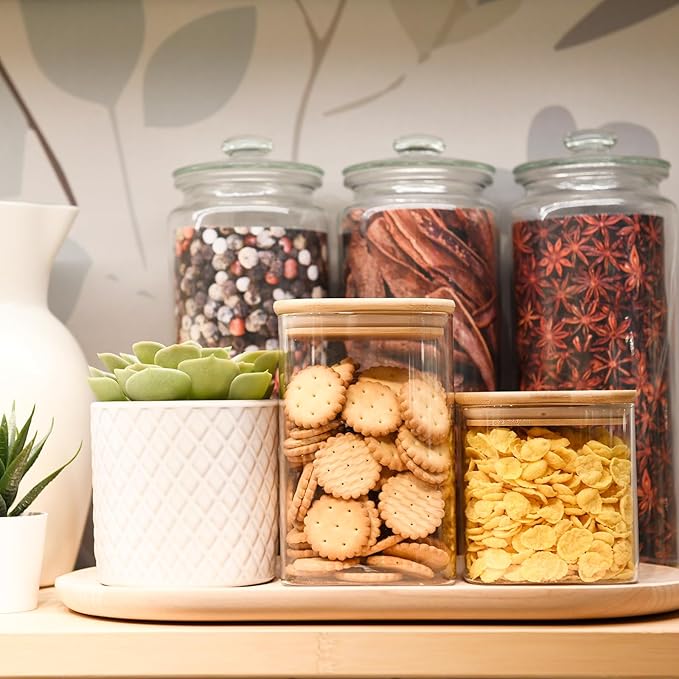 Glass Food Storage Jars Square 24oz, 4 Pack Glass Jars With Bamboo Lids, Kitchen Storage Containers For Spice, Candy, Cookie, Storage For Pantry Organizers
