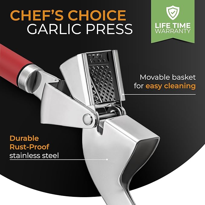 ORBLUE Garlic Press Stainless Steel - Premium Professional Grade Garlic Mincer, Crusher & Peeler Set - Easy Clean, Dishwasher Safe & Rust-proof, Red