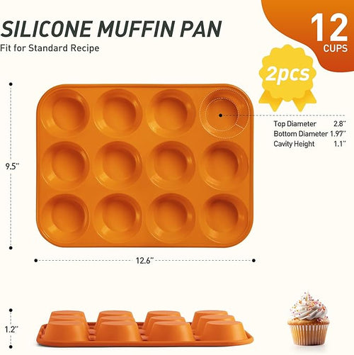2 Pack 12 Cups Silicone Muffin Pan with Metal Reinforced Frame Regular Size Silicone Molds Cupcake Cake Baking Pans Cookie Baking Chocoflan Cupcake Mold Baking Homemade Muffins Cupcakes Egg Bites