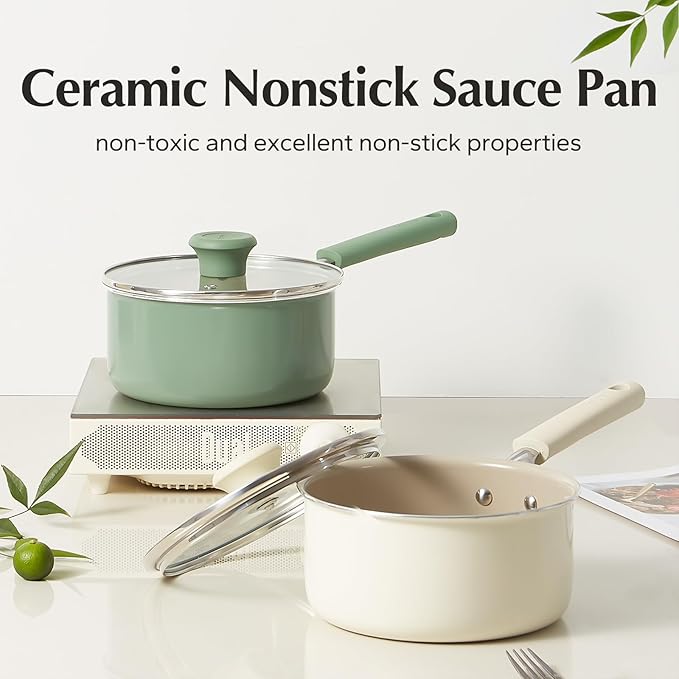 Redchef Ceramic Nonstick Saucepan with Lid, 1.5QT Small Cooking Pot, Non Toxic Sauce Pans for Kitchen, Cool Handle PFAS Free Compatible with All Cooktops, Green