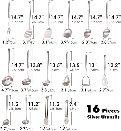 18/10 Stainless Steel Cooking Utensils Set - 16 PCS All Metal Serving Utensils, Kitchen Tools - Whisk, Masher, Fork, Tongs, Solid/Slotted Spoon, Spatula, Turner, Ladle, Skimmer, Pasta, Large Spoon Set
