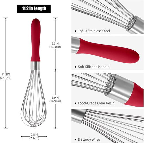18/8 Stainless Steel Balloon Whisk, Doosu Kitchen Whisk for Cooking Handheld Egg Beater with Rust-Proof Sturdy Wires & Non-Slip Silicone Handle for Beating, Stirring, Blending (8 Wires, Red)