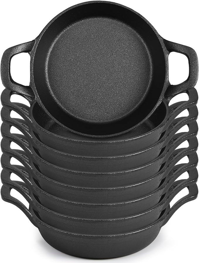 Mini Cast Iron Skillets 6.3 x 6.3 x 1.5 Inch Cast Iron Pan Small Ramekin Set Black Casserole Dish Cookware Oven Safe Mini Skillets for Kitchen Indoor Outdoor Picnic (8 Pack)