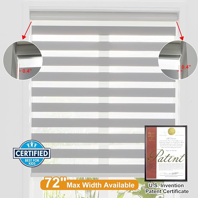 Persilux Cordless Zebra Blinds for Windows Free-Stop Roller Windows Shades (72" W X 72" H, Grey) Dual Layer Light Control for Day and Night, Light Filtering Sheer Shades for Home