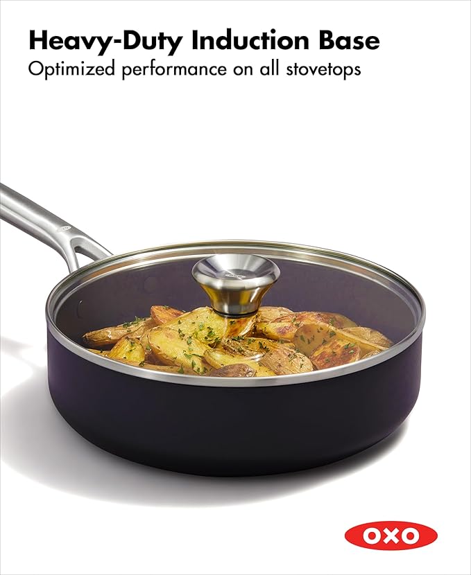 OXO Professional 3QT Saute Pan Jumbo Cooker with Lid, Hard Anodized Ceramic Nonstick Cookware PFAS-Free, Stainless Steel, Induction Suitable, Diamond Reinforced Coating Dishwasher and Oven Safe, Black