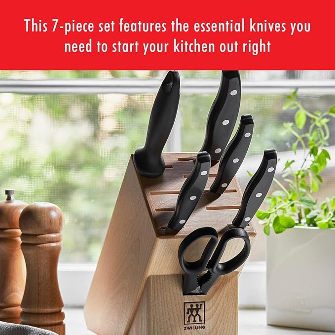 ZWILLING Twin Signature 7-pc Kitchen Knife Set with Block, Chef Knife, Paring Knife, Utility Knife, Knife Sharpener, Kitchen Shears