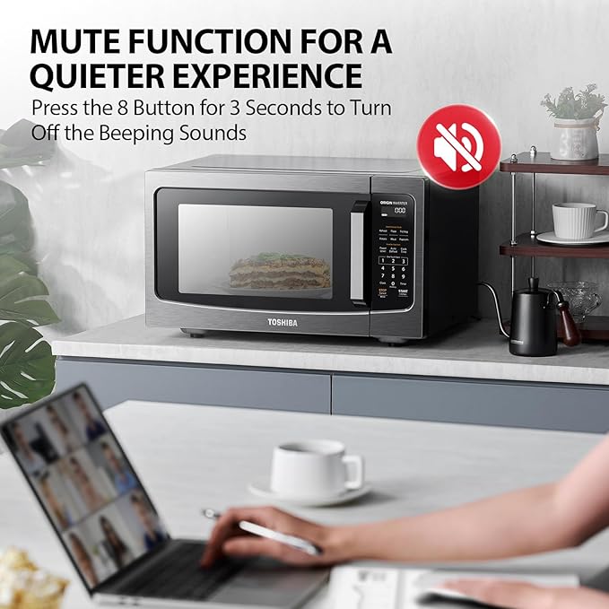 TOSHIBA ML-EM45PIT(BS) Countertop Microwave Oven with Inverter Technology, Kitchen Essentials, Smart Sensor, Auto Defrost, 1.6 Cu.ft, 13.6" Removable Turntable, 33lb.&1250W, Black Stainless Steel