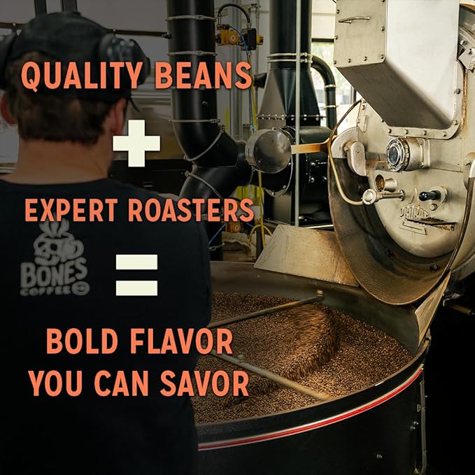 Bones Coffee Company Cinnamon Roll Flavored Coffee, Medium Roast Low Acid Arabica Beans Compatible with Auto drip and French Press Coffee Maker, 12 Oz Ground