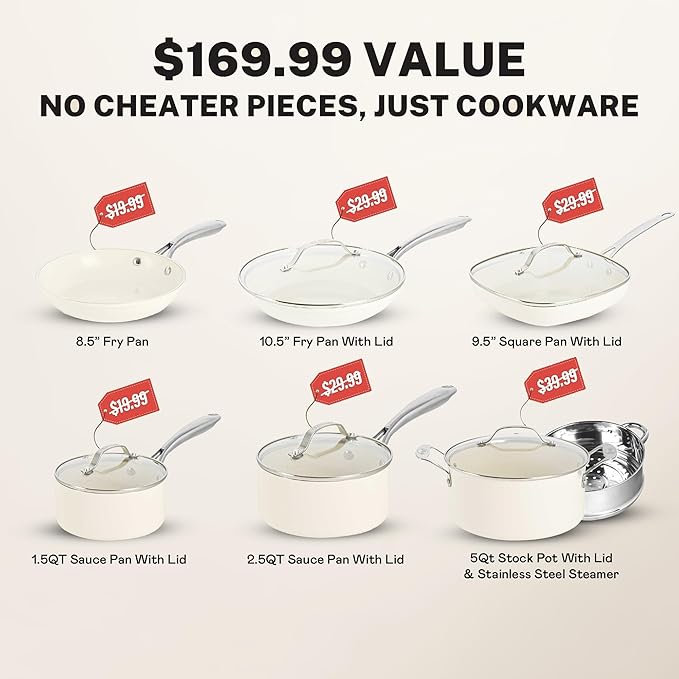 Gotham Steel 12 Pc Ceramic Cookware Set Nonstick, Ceramic Pots and Pans Set Non Stick with Steamer for Cooking, Non Toxic PFOA PFOS Free, Premium Stay Cool Handles, Oven & Dishwasher Safe